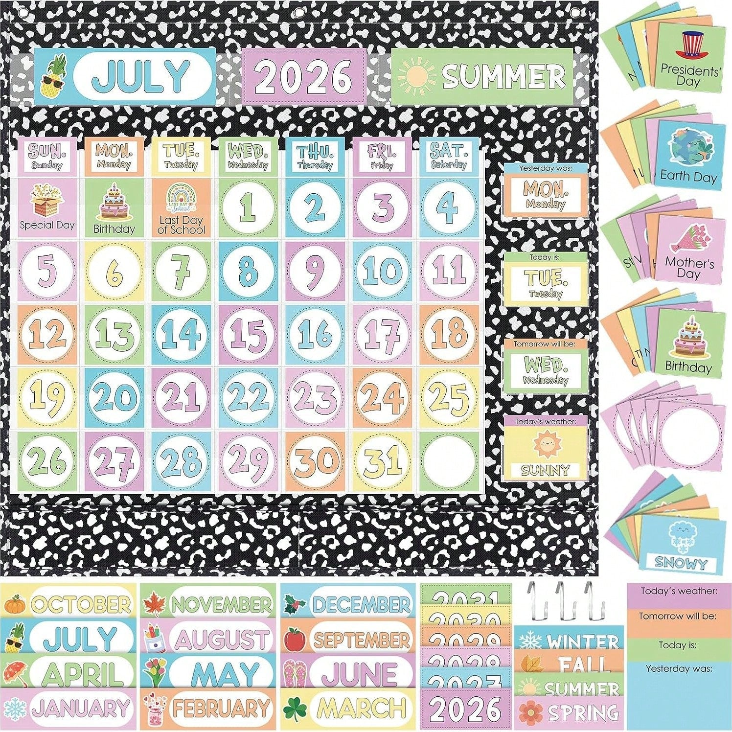 Classroom Calendar Pocket Chart Set Calendar Bulletin Board Set Seasons Festival Weather Pocket Chart For Classroom Decoration With 3 Metal Hooks Back To School Supplies Composition, Black