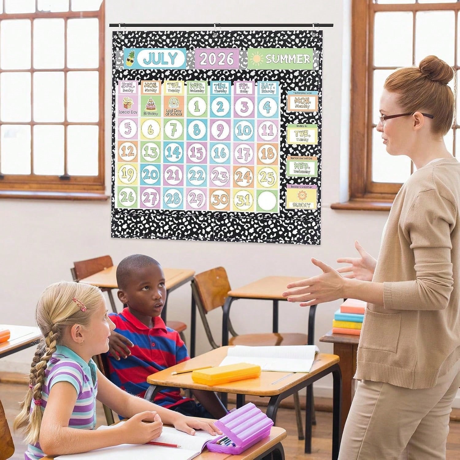 Classroom Calendar Pocket Chart Set Calendar Bulletin Board Set Seasons Festival Weather Pocket Chart For Classroom Decoration With 3 Metal Hooks Back To School Supplies Composition, Black