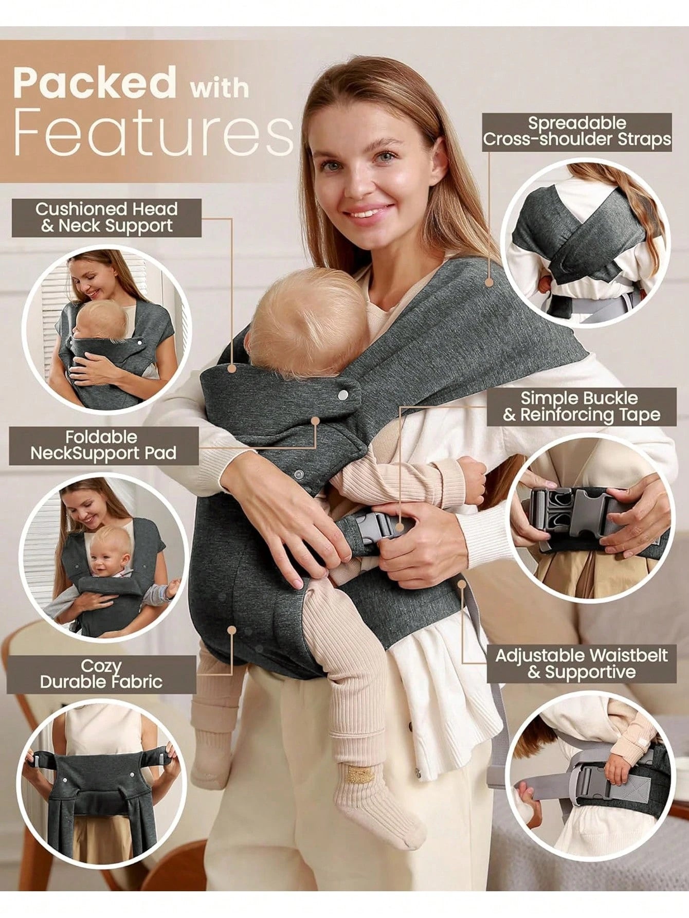 CN. 1PC Baby Carrier Grey/Pink/Black Newborn To Toddler(7-30lbs), Baby Christmas Gift,Toddler Carrier With Adjustable Shoulder Strap, Baby Holder Carrier