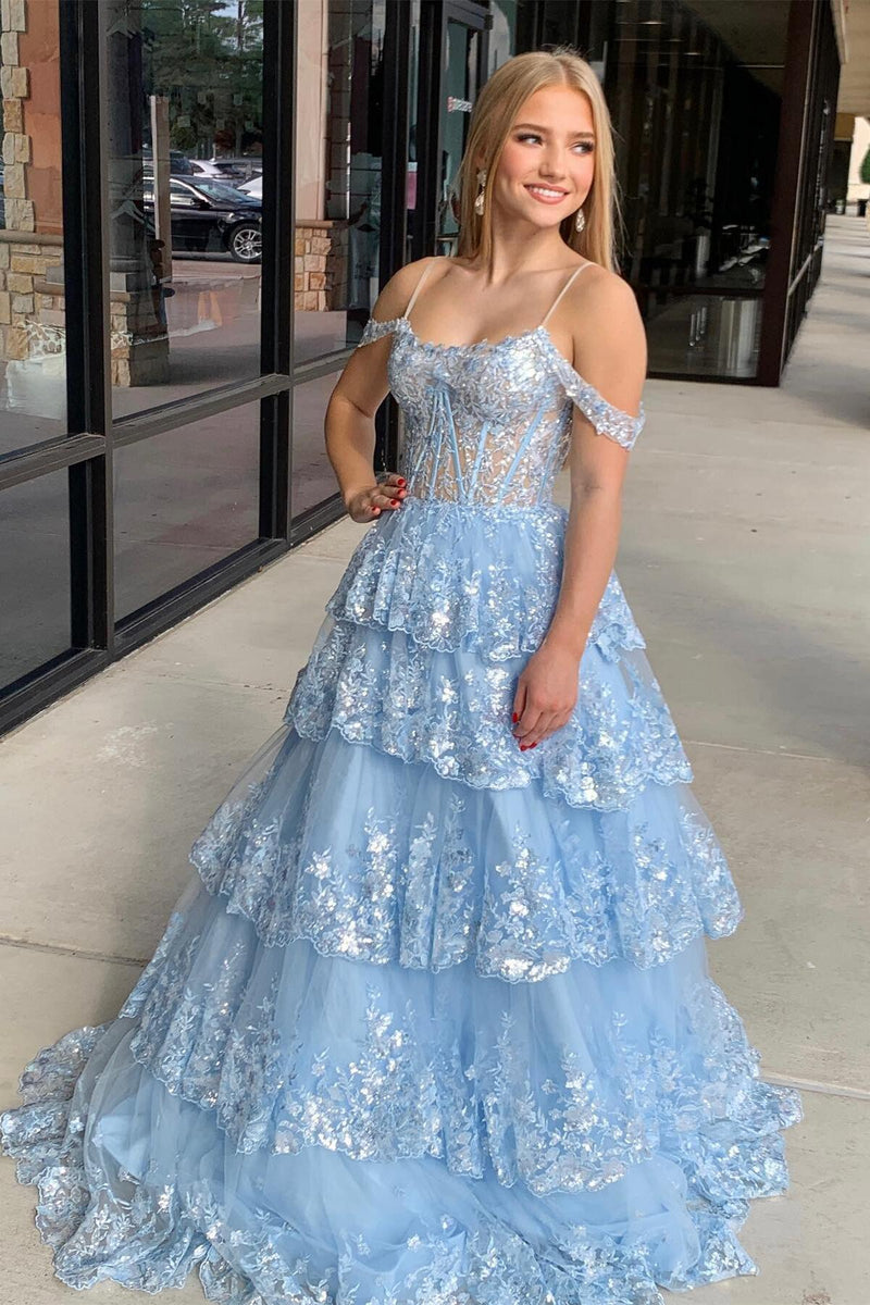 Cold Shoulders Light Blue Sequin Tulle Long Formal Gown