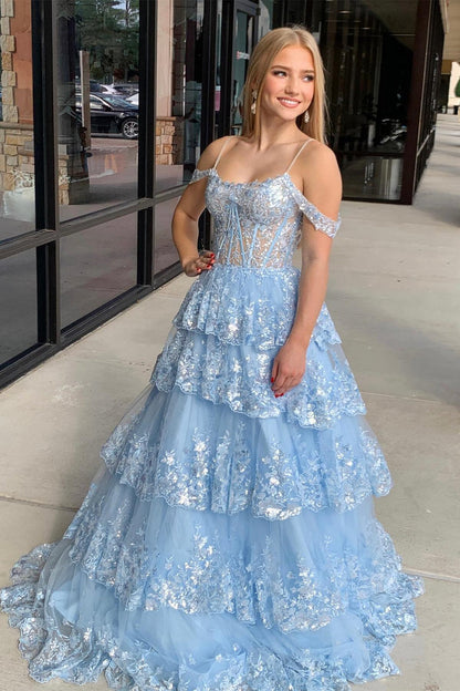 Cold Shoulders Light Blue Sequin Tulle Long Formal Gown