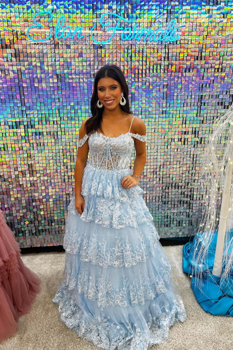 Cold Shoulders Light Blue Sequin Tulle Long Formal Gown