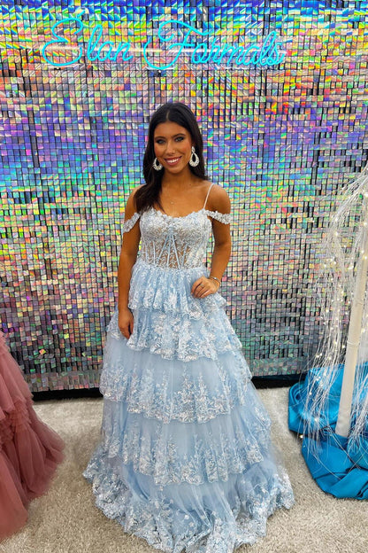 Cold Shoulders Light Blue Sequin Tulle Long Formal Gown