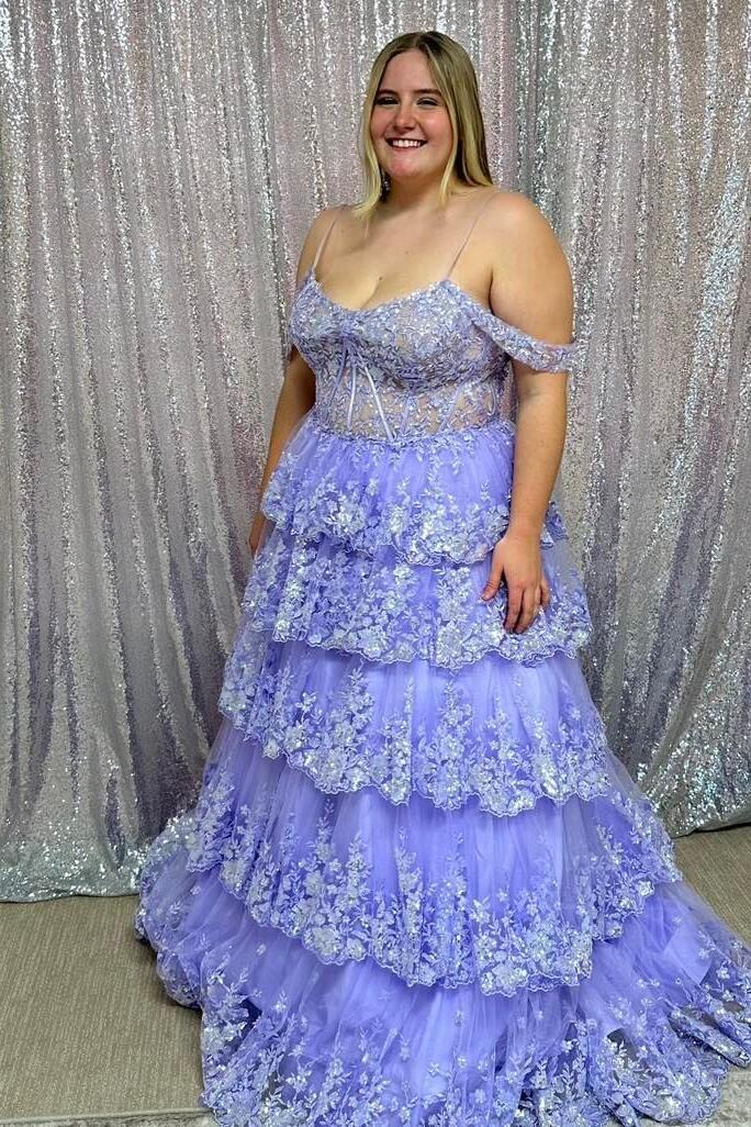 Cold Shoulders Light Blue Sequin Tulle Long Formal Gown