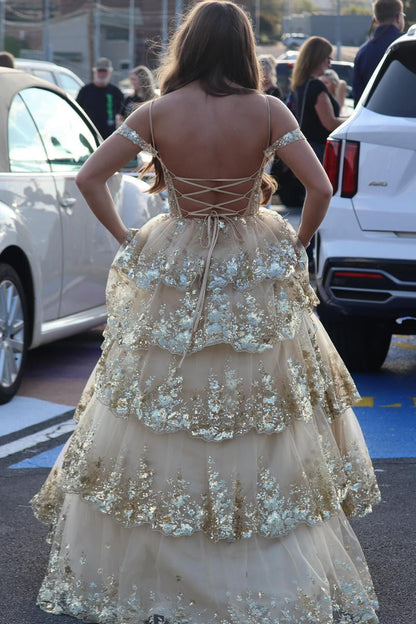 Cold Shoulders Light Blue Sequin Tulle Long Formal Gown