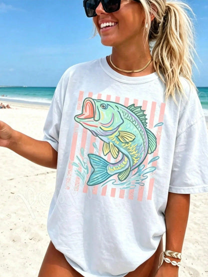 Colorful Fish Graphic Oversized Cotton T-Shirt Summer Beach Vibes Casual Wear For Women Ocean Print Loose Fit Top Fashion