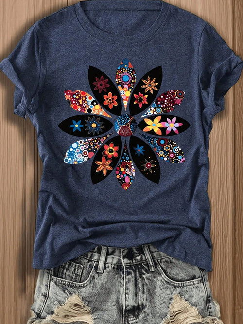 Colorful Floral Mandala Print Short Sleeve T-Shirt- Bohemian Style, Perfect For Festive And Casual Wear, Stylish And Comfortable Women's T-Shirt