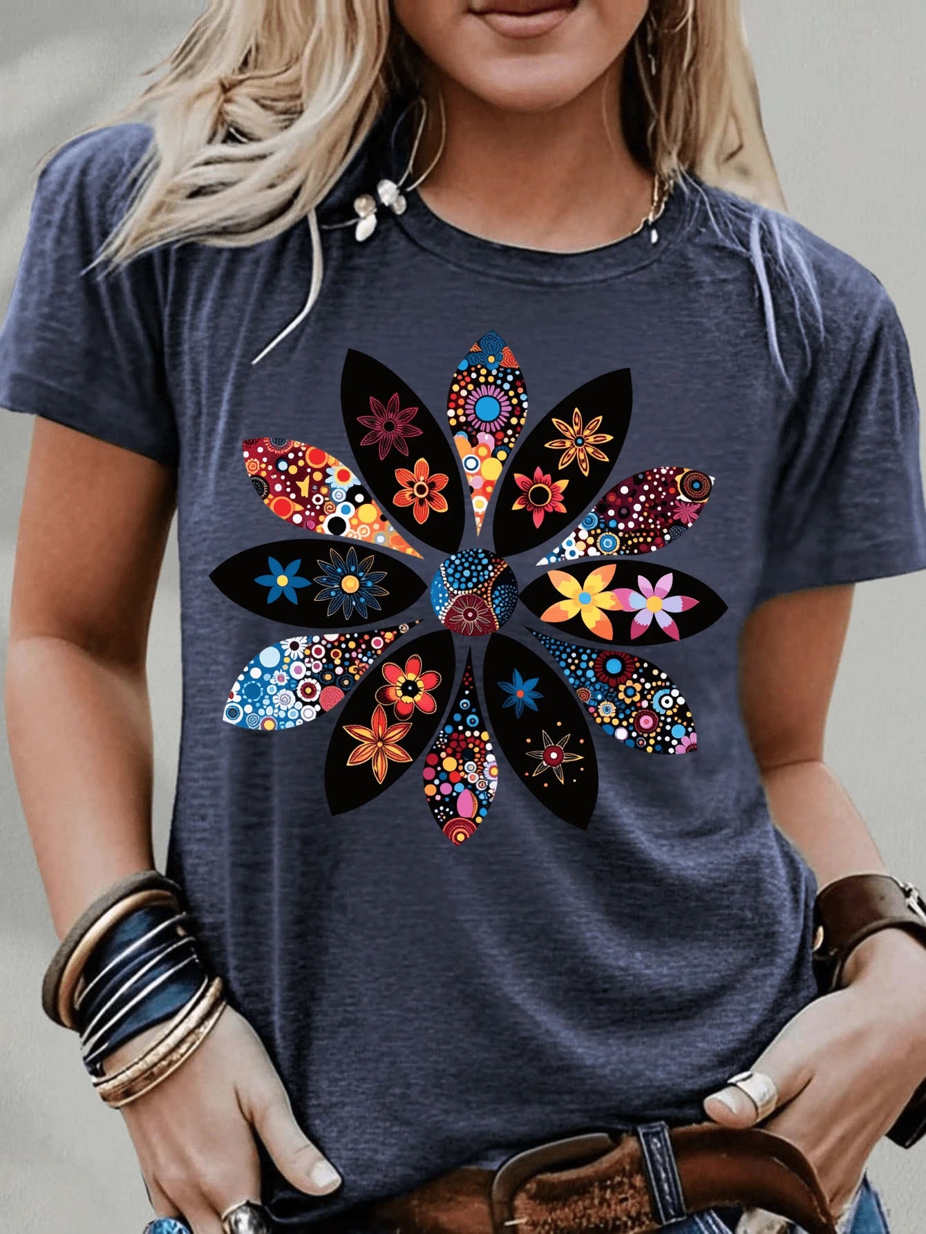 Colorful Floral Mandala Print Short Sleeve T-Shirt- Bohemian Style, Perfect For Festive And Casual Wear, Stylish And Comfortable Women's T-Shirt
