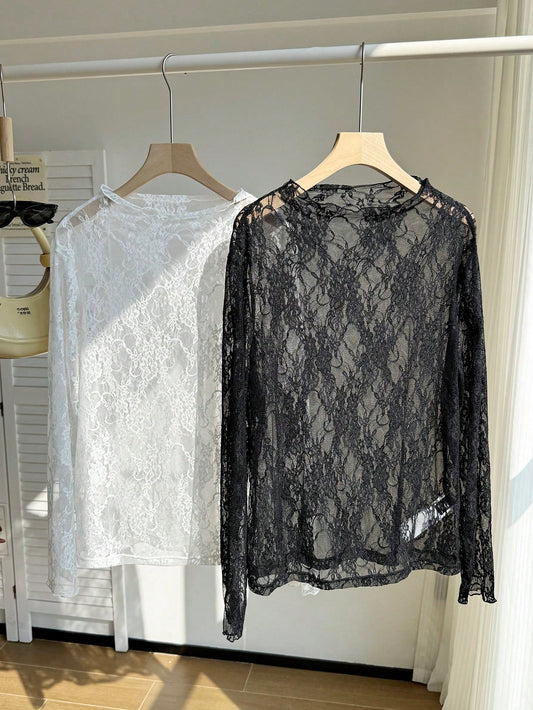 Comfortcana 2pcs/Set Plus Size Women Lace Blouse, Black, Summer, Elegant Sexy, Versatile, Fall, Winter, Christmas, New Year, Thanksgiving, Party Evening, Wedding