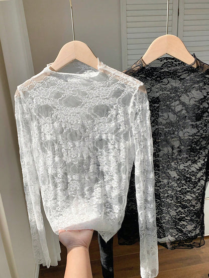 Comfortcana 2pcs/Set Plus Size Women Lace Blouse, Black, Summer, Elegant Sexy, Versatile, Fall, Winter, Christmas, New Year, Thanksgiving, Party Evening, Wedding