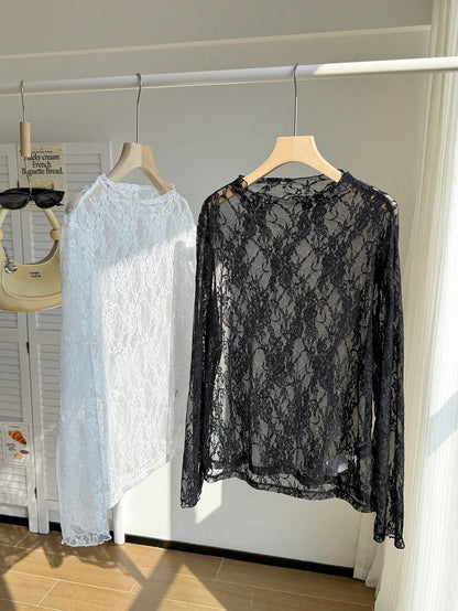Comfortcana 2pcs/Set Plus Size Women Lace Blouse, Black, Summer, Elegant Sexy, Versatile, Fall, Winter, Christmas, New Year, Thanksgiving, Party Evening, Wedding