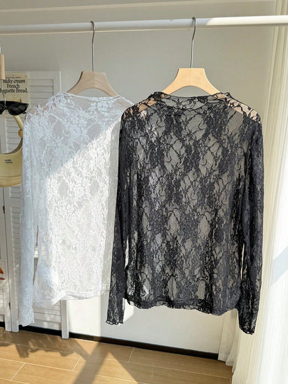 Comfortcana 2pcs/Set Plus Size Women Lace Blouse, Black, Summer, Elegant Sexy, Versatile, Fall, Winter, Christmas, New Year, Thanksgiving, Party Evening, Wedding