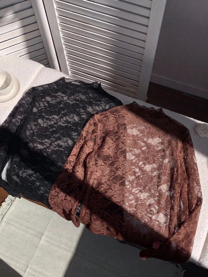 Comfortcana 2pcs/Set Plus Size Women Lace Blouse, Black, Summer, Elegant Sexy, Versatile, Fall, Winter, Christmas, New Year, Thanksgiving, Party Evening, Wedding