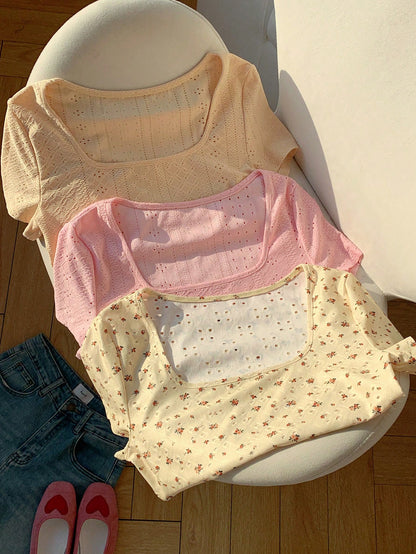 Comfortcana 3pcs/Set Plus Size Floral Jacquard Square Neck Short Sleeve Casual Vacation T-Shirt, Spring/Summer 2026 New Arrival