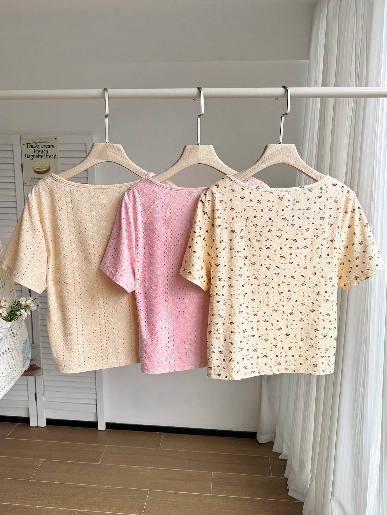 Comfortcana 3pcs/Set Plus Size Floral Jacquard Square Neck Short Sleeve Casual Vacation T-Shirt, Spring/Summer 2026 New Arrival