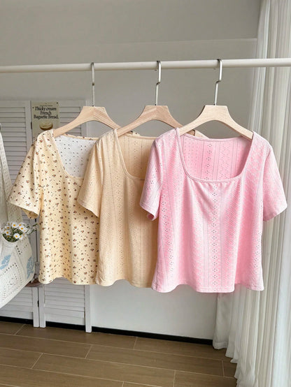 Comfortcana 3pcs/Set Plus Size Floral Jacquard Square Neck Short Sleeve Casual Vacation T-Shirt, Spring/Summer 2026 New Arrival