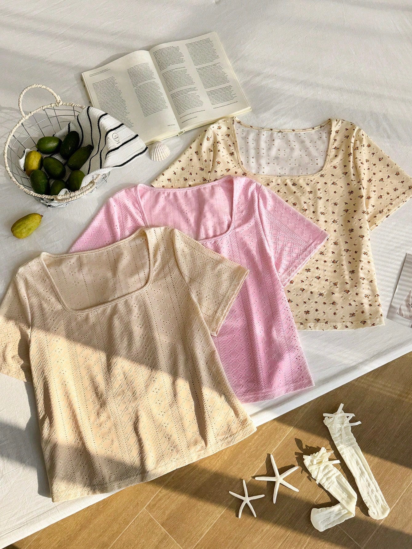 Comfortcana 3pcs/Set Plus Size Floral Jacquard Square Neck Short Sleeve Casual Vacation T-Shirt, Spring/Summer 2026 New Arrival