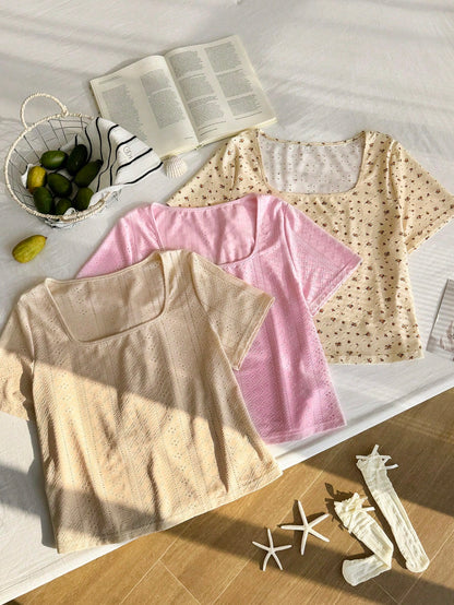 Comfortcana 3pcs/Set Plus Size Floral Jacquard Square Neck Short Sleeve Casual Vacation T-Shirt, Spring/Summer 2026 New Arrival