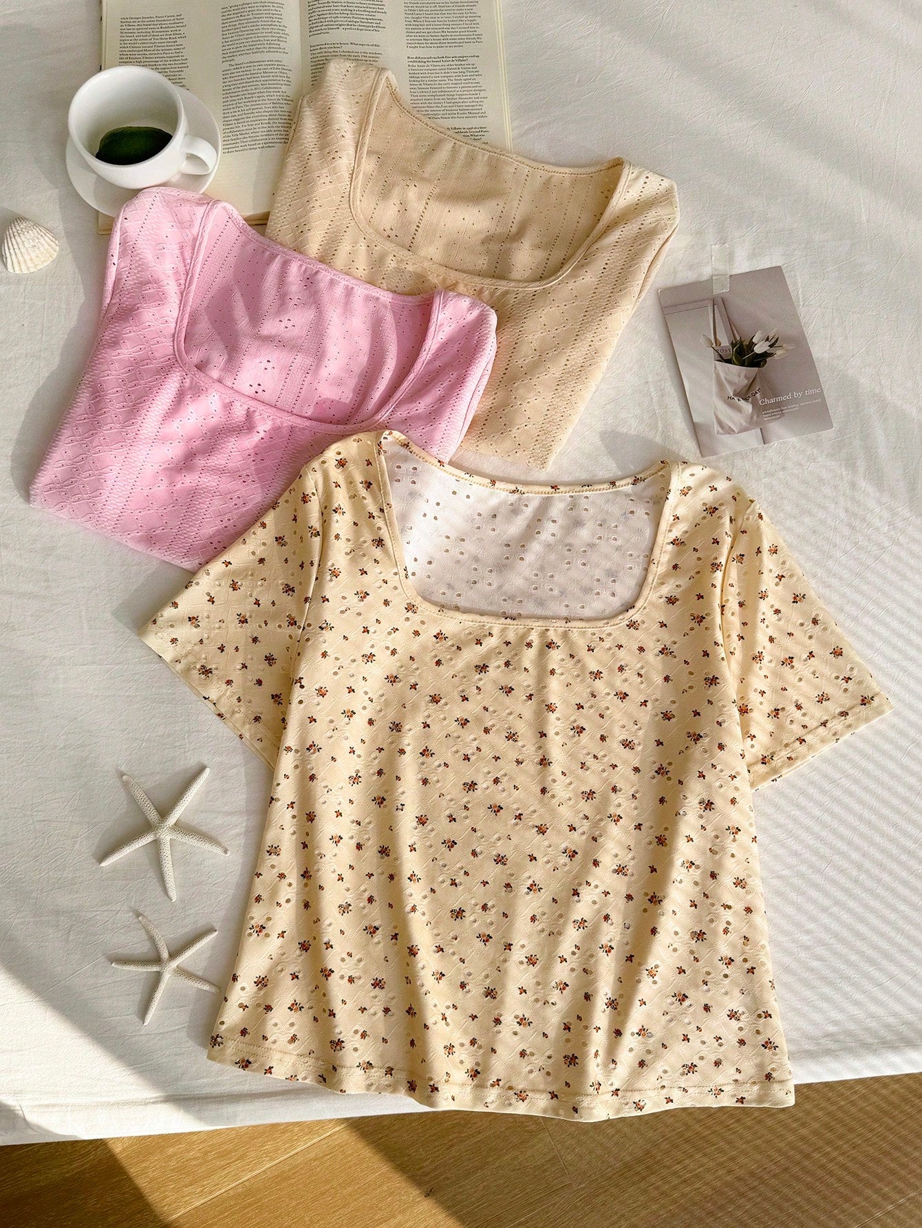 Comfortcana 3pcs/Set Plus Size Floral Jacquard Square Neck Short Sleeve Casual Vacation T-Shirt, Spring/Summer 2026 New Arrival