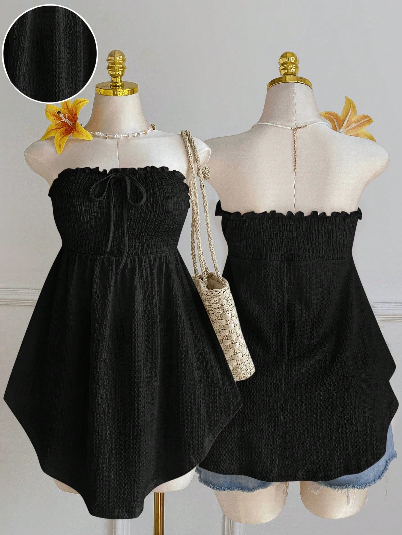Comfortcana Plus Size Black Lace Hollow Out Jacquard Front Tie Ruffle Trim Asymmetric Hem Camisole Top, Spring/Summer