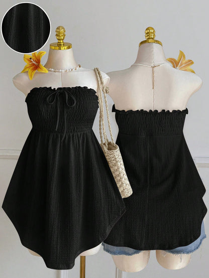 Comfortcana Plus Size Black Lace Hollow Out Jacquard Front Tie Ruffle Trim Asymmetric Hem Camisole Top, Spring/Summer