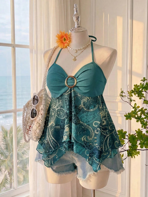 Comfortcana Plus Size Green Bohemian Print Camisole Top, Women's Boho Summer Vacation Holiday Beach Party, Vintage Ruffle Hem A-Line Spaghetti Tie Strap Tops