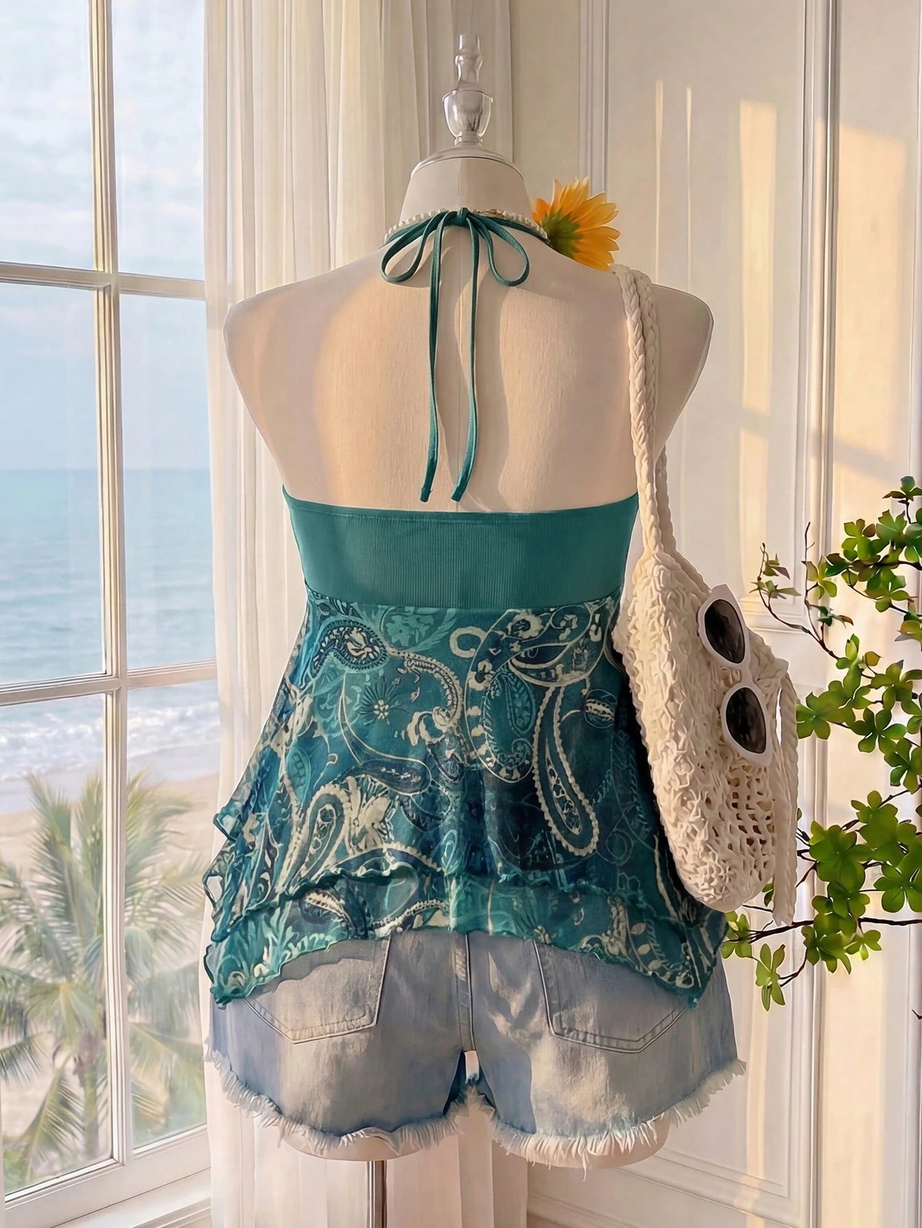 Comfortcana Plus Size Green Bohemian Print Camisole Top, Women's Boho Summer Vacation Holiday Beach Party, Vintage Ruffle Hem A-Line Spaghetti Tie Strap Tops