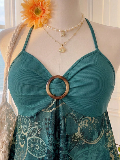 Comfortcana Plus Size Green Bohemian Print Camisole Top, Women's Boho Summer Vacation Holiday Beach Party, Vintage Ruffle Hem A-Line Spaghetti Tie Strap Tops