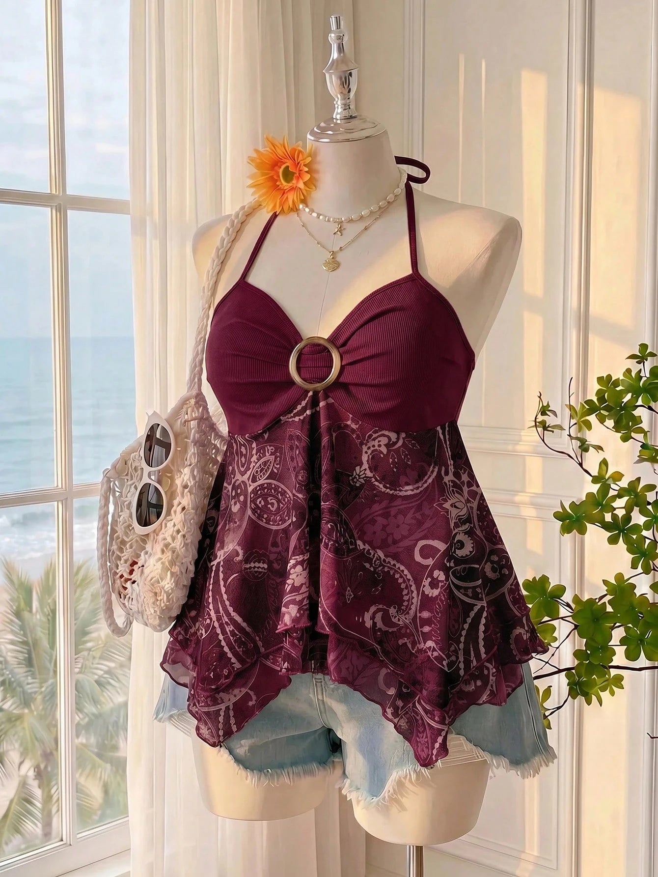 Comfortcana Plus Size Green Bohemian Print Camisole Top, Women's Boho Summer Vacation Holiday Beach Party, Vintage Ruffle Hem A-Line Spaghetti Tie Strap Tops