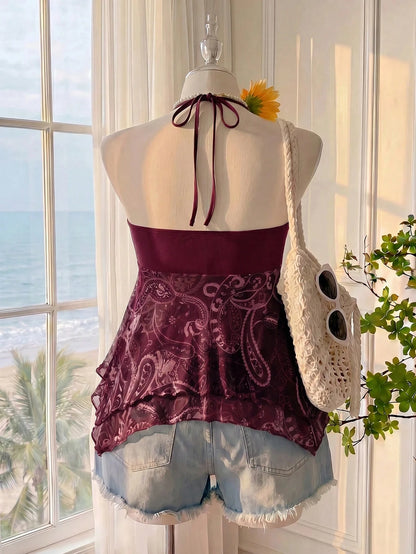 Comfortcana Plus Size Green Bohemian Print Camisole Top, Women's Boho Summer Vacation Holiday Beach Party, Vintage Ruffle Hem A-Line Spaghetti Tie Strap Tops