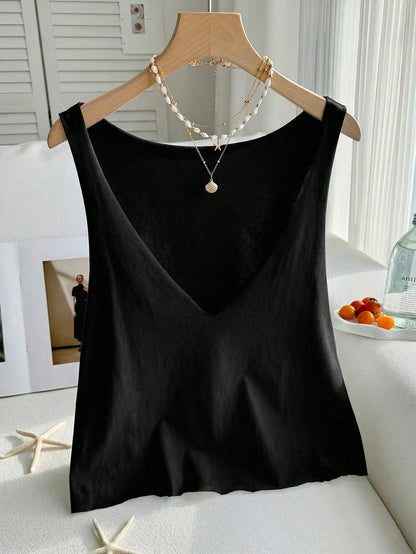 Comfortcana Plus Size Women's Casual Solid Color Deep V-Neck Loose Fit Tank Top, Minimalist Home Style