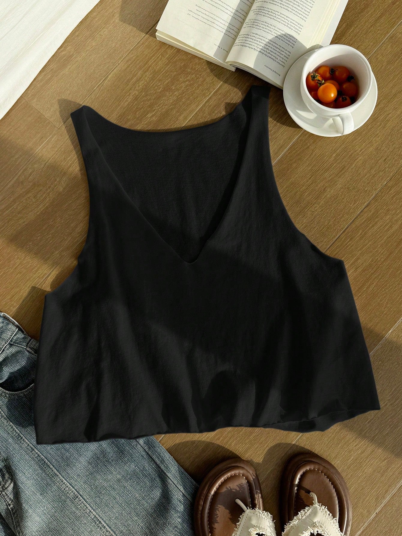 Comfortcana Plus Size Women's Casual Solid Color Deep V-Neck Loose Fit Tank Top, Minimalist Home Style
