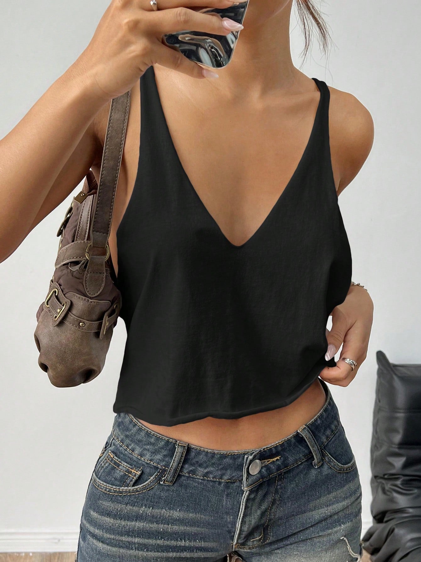 Comfortcana Plus Size Women's Casual Solid Color Deep V-Neck Loose Fit Tank Top, Minimalist Home Style