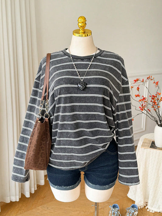 Comfortcana Plus Size Women Striped Colorblock Casual Versatile Daily Wear T-Shirt