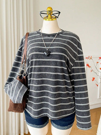 Comfortcana Plus Size Women Striped Colorblock Casual Versatile Daily Wear T-Shirt