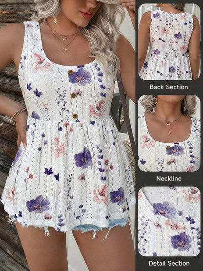 Comfylo Textured Knit Printed Cinched Waist Plus Size Tank Top, Going Out Tops