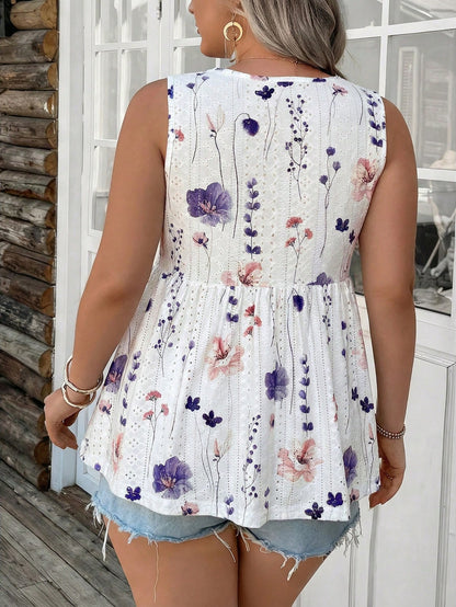 Comfylo Textured Knit Printed Cinched Waist Plus Size Tank Top, Going Out Tops