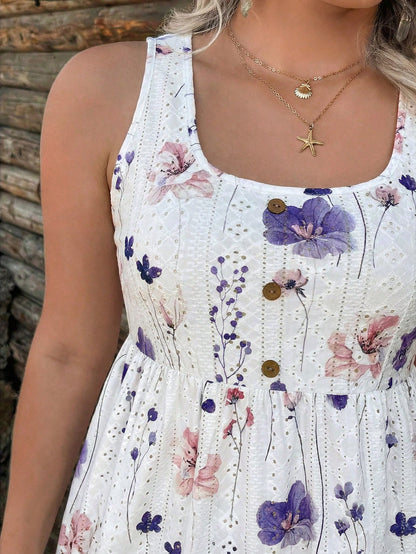 Comfylo Textured Knit Printed Cinched Waist Plus Size Tank Top, Going Out Tops