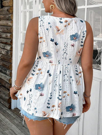 Comfylo Textured Knit Printed Cinched Waist Plus Size Tank Top, Going Out Tops