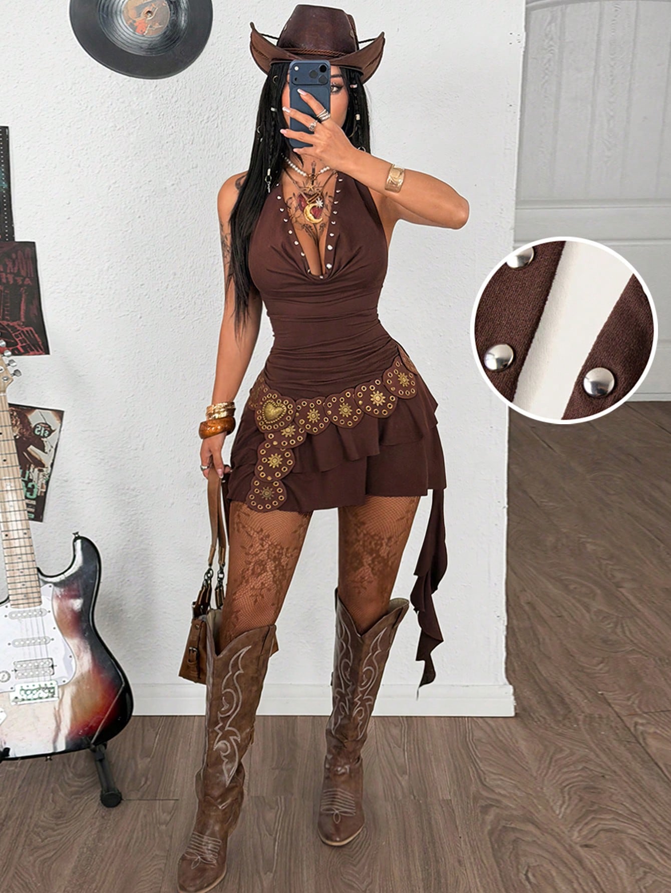 Coolane Women's Dark Brown Summer Western Night Club Concert Outfit Boho Chic Y2k Stretchy Slim Fit Cowl Neck Backless Ruffle Fringe Mini Dress With Hat
