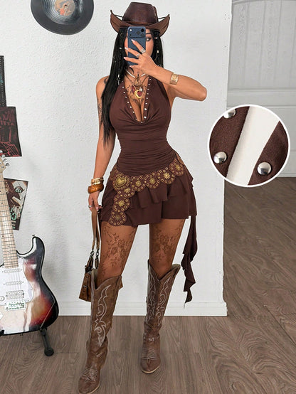 Coolane Women's Dark Brown Summer Western Night Club Concert Outfit Boho Chic Y2k Stretchy Slim Fit Cowl Neck Backless Ruffle Fringe Mini Dress With Hat