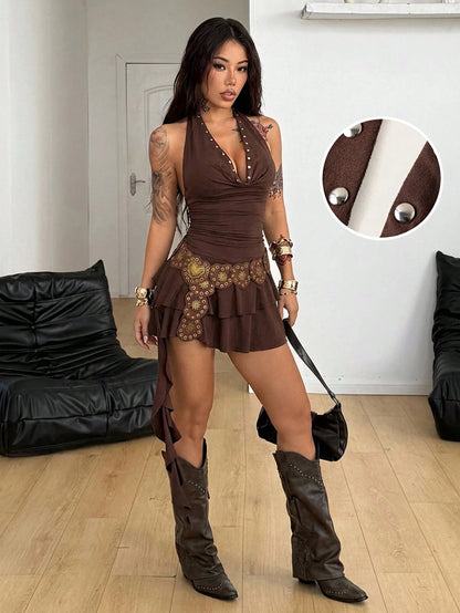 Coolane Women's Dark Brown Summer Western Night Club Concert Outfit Boho Chic Y2k Stretchy Slim Fit Cowl Neck Backless Ruffle Fringe Mini Dress With Hat