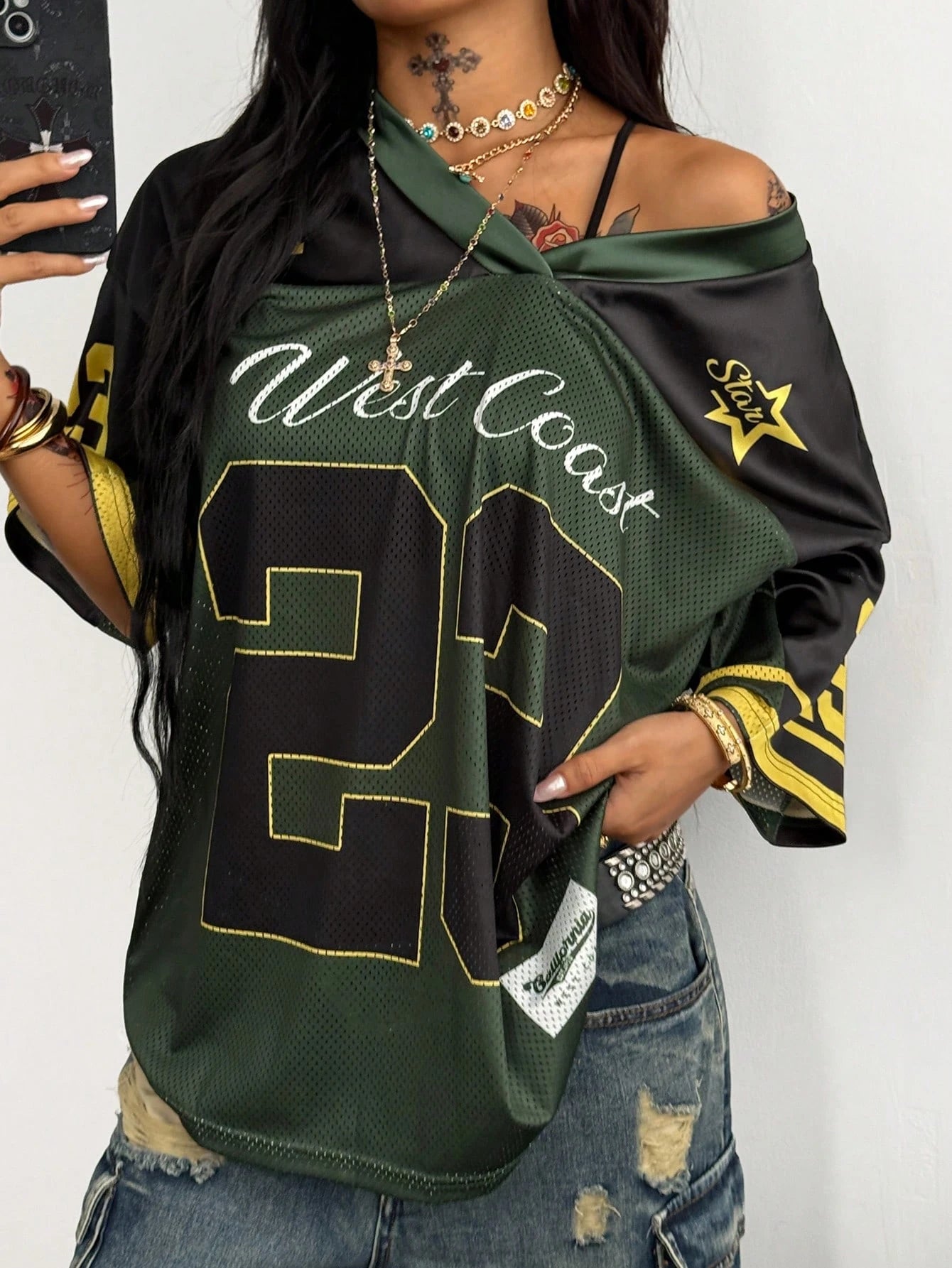 Coolane Women's Men's Plus Size Oversized Streetwear Gothic Dark Green Color-Blocked Jersey T-Shirt, Summer Fall Everyday Sports Casual Numeric Print Holiday