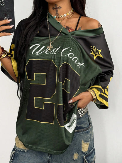 Coolane Women's Men's Plus Size Oversized Streetwear Gothic Dark Green Color-Blocked Jersey T-Shirt, Summer Fall Everyday Sports Casual Numeric Print Holiday