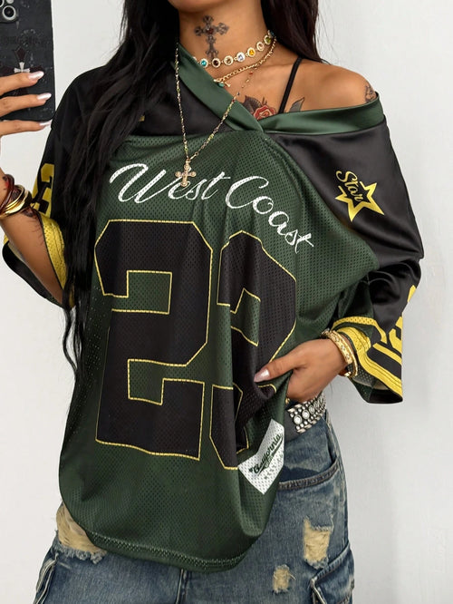 Coolane Women's Men's Plus Size Oversized Streetwear Gothic Dark Green Color-Blocked Jersey T-Shirt, Summer Fall Everyday Sports Casual Numeric Print Holiday