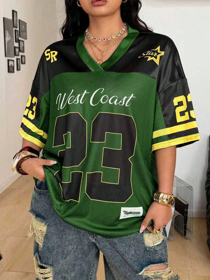 Coolane Women's Men's Plus Size Oversized Streetwear Gothic Dark Green Color-Blocked Jersey T-Shirt, Summer Fall Everyday Sports Casual Numeric Print Holiday