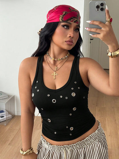 Coolane Women's Plus Size Summer Fall Streetwear Sexy Casual Vintage Concert Gym Date Night Punk Gothic Going Out Black Grommet Eyelet Tank Top Halloween