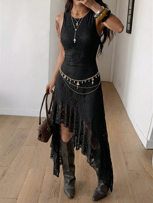 Coolane Women's Summer Black Boho Elegant Vacation Dress,Goth Casual Party Evening Vintage Tropical Chic Contrast Lace Slim Fit Ruffle Flowy Streetwear
