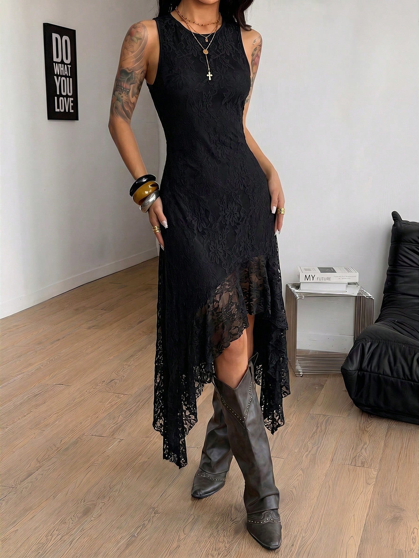 Coolane Women's Summer Black Boho Elegant Vacation Dress,Goth Casual Party Evening Vintage Tropical Chic Contrast Lace Slim Fit Ruffle Flowy Streetwear
