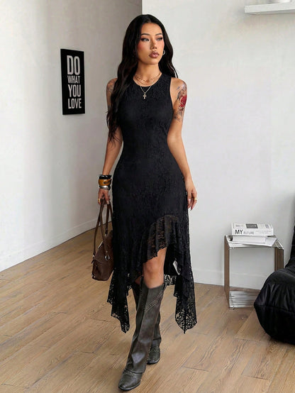Coolane Women's Summer Black Boho Elegant Vacation Dress,Goth Casual Party Evening Vintage Tropical Chic Contrast Lace Slim Fit Ruffle Flowy Streetwear